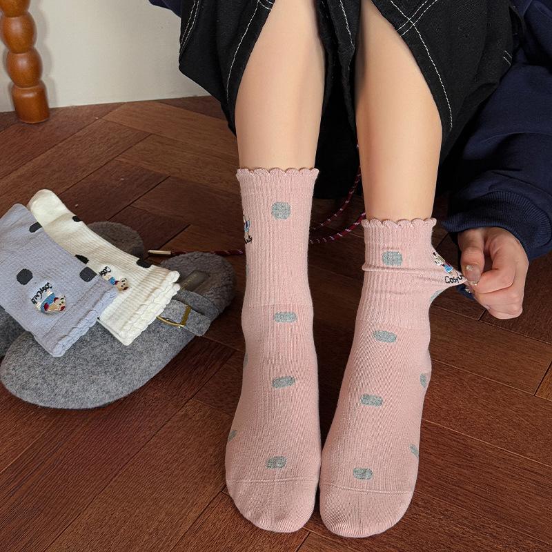 Female Spring and Autumn Lovely Polka Dot Lovely Embroidered Cartoon Dog In Tube Cotton Socks