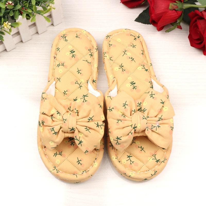 Broken flower bow women's rubber bottom three-layer thickened fabric slippers indoor wooden floor open slippers