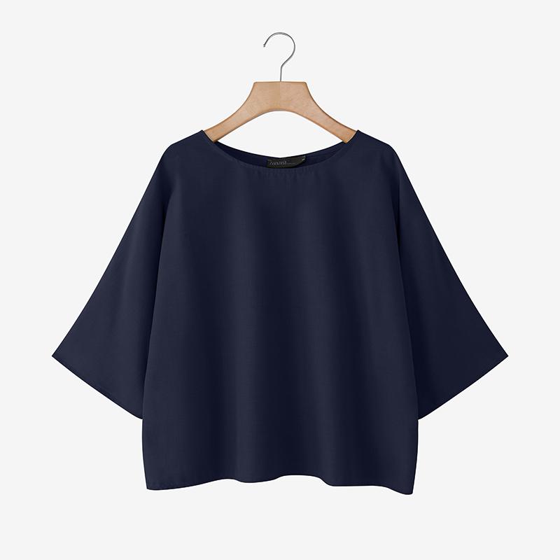 

ZANZEA Женская повседневная блузка с круглым вырезом, свободного кроя, с рукавами 3/4, однотонная 4XL тёмно-синий