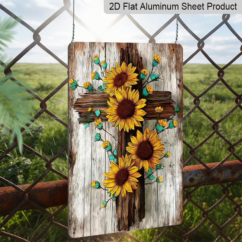 2D Flat - Decorative Metal Sign for Wall Art, Durable Aluminum Material 8*12 Inch Featuring Vintage Sunflowers and A Wooden Cross. Ideal As A Holiday