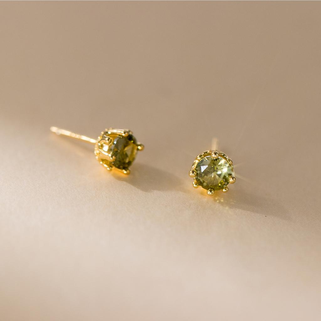 925 Sterling Silver Peridot Green CZ Stud Earrings for Women Vintage Royal Crown Six-Prong Zirconia Earrings Fine Jewelry