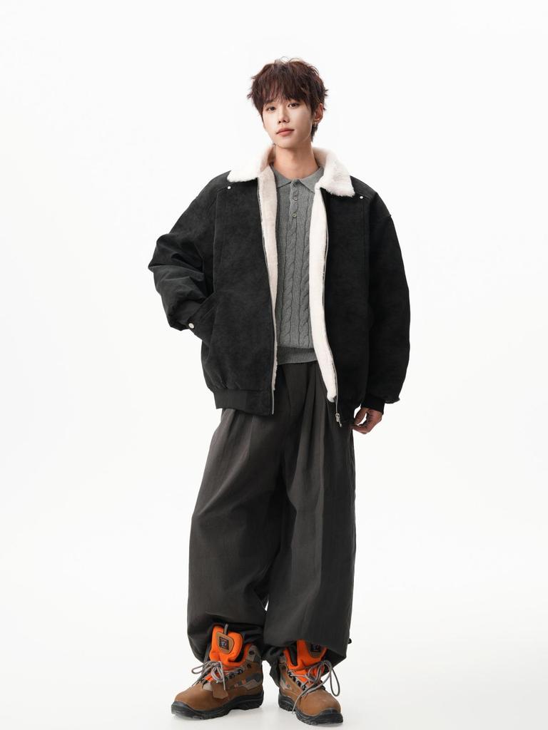 Men's Winter Barn Style Lambswool Cotton PU Leather Jacket, Thickened Warm Street Cool Workwear Coat
