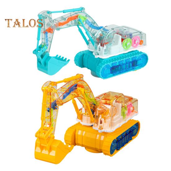 Clear Mechanical Gear Excavator Toy with Colorful LED Lights Music Movable Digging Arm Electric Construction Vehicle Toddlers Boys Educational