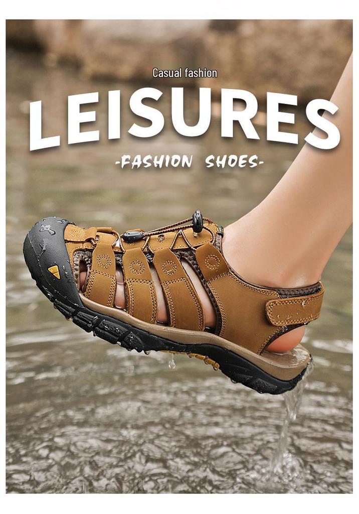 Men's Summer Closed-Toe Leather Sandals for Casual Outdoor Hiking and Beach Activities