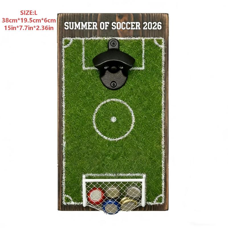 Soccer Field Bottle Opener Wall Decor, Magnetic Wall Mounted Beer Bottle Opener With Cap Catcher, Wooden Soccer Field Sign
