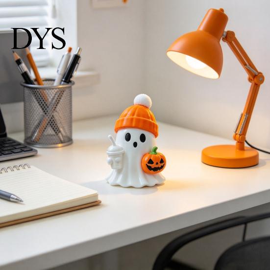 Trend Halloween Gifts 3D Printed Cute Ghost Figurine with Pumpkin Milk Tea, Orange Creative Holiday for Friends Beanie Desk Ornaments, Funny Gift And