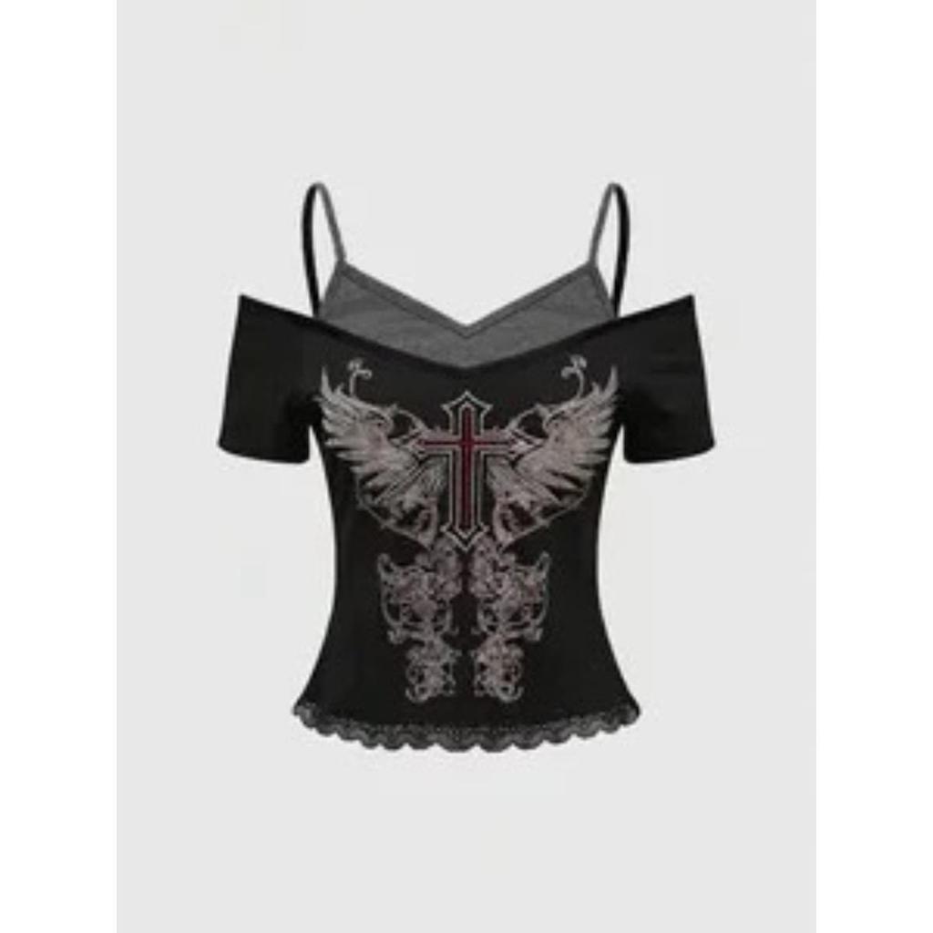 Damen 90er Vintage Punk T-Shirt Streetwear Sexy Kurzarm Gothic Slim Crop Top Hotgirl Lässig Femme Tee Harajuku Y2k