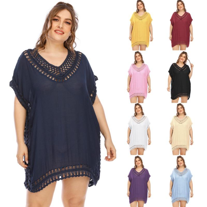 Oversized Women's Handmade Patchwork V-neck Solid Color Beach Dress Cover Up Dresses