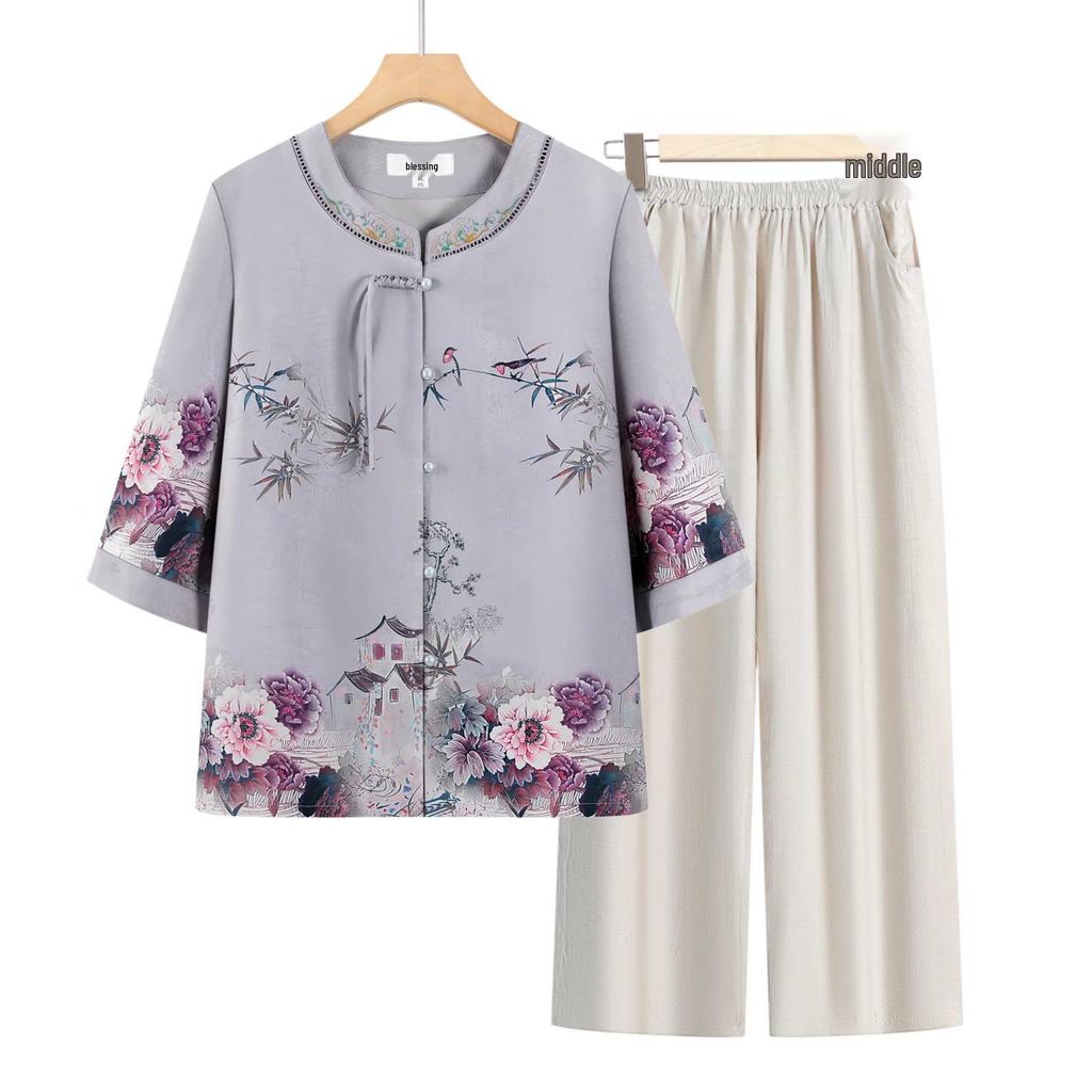 Stylish Summer Set for Women: Chinese-Inspired Short-Sleeve Top and Pants for Middle-Aged and Elderly Ladies