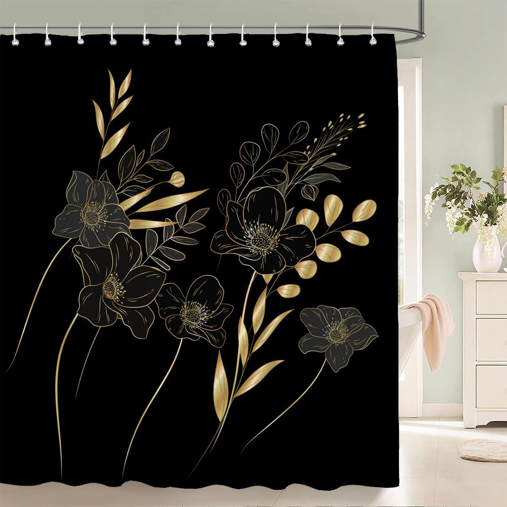 1 Pcs Shower Curtain Flowers Plants Black Printed Bathroom Curtain Polyester Cloth Waterproof Home Decoration Curtain with Hook
