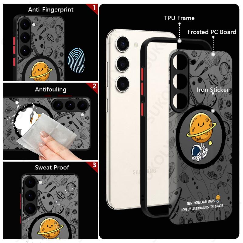 Kreskówkowy Astronauta Etui na Telefon Magsafe Dla Samsunga Galaxy S25 Edge S23 S22 S24 Ultra S24 S23 FE Matowe Akrylowe Pokrowiec z Żelaznym Pierścieniem