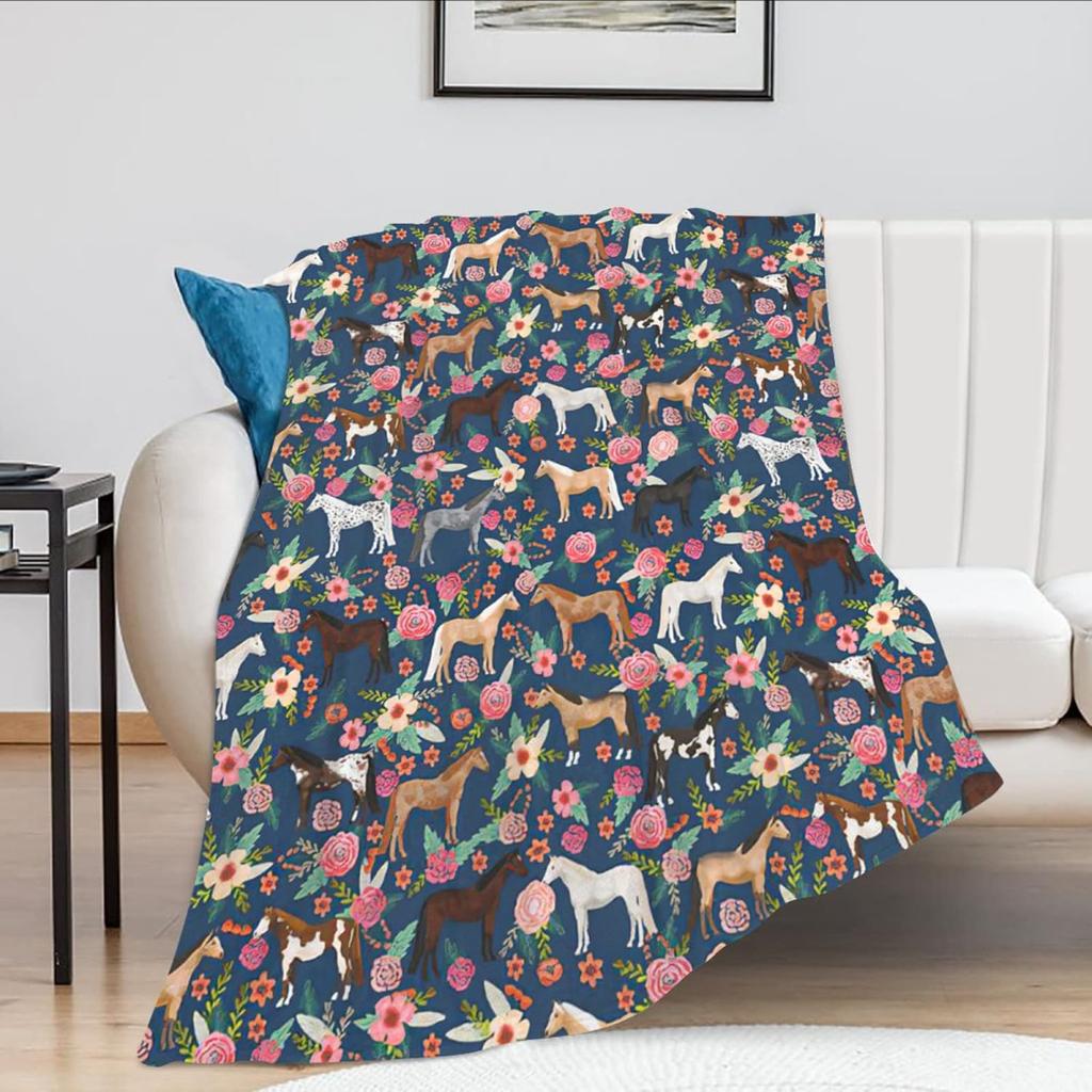 Horse Blanket Gift for Girls Women Cartoon Horses Flannel Cute Farm Animal Blankets Soft Lightweight for Lovers Decor Sofa Bed