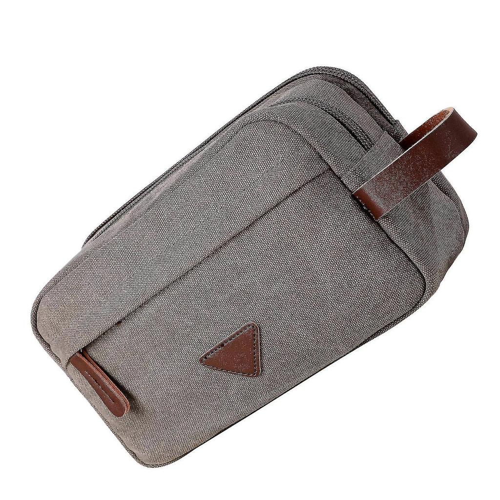 Mens Travel Toiletry Bag With Double Compartments Canvas Leather Cosmetic Makeup Organizer Shaving Dopp Kits - Gray