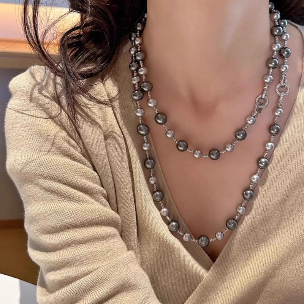 Micro Inlaid Ring Buckle French Retro Shijia Mixed Color Pearl Necklace Women'S Fashion Light Luxury Niche Neck Chain Sweater Chain Tide