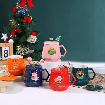 Christmas Gift Cartoon Ceramic Cup Spoon with Lid Diamond Creative Mug Gift Set Companion Gift High Appearance Level Ceramic Mug