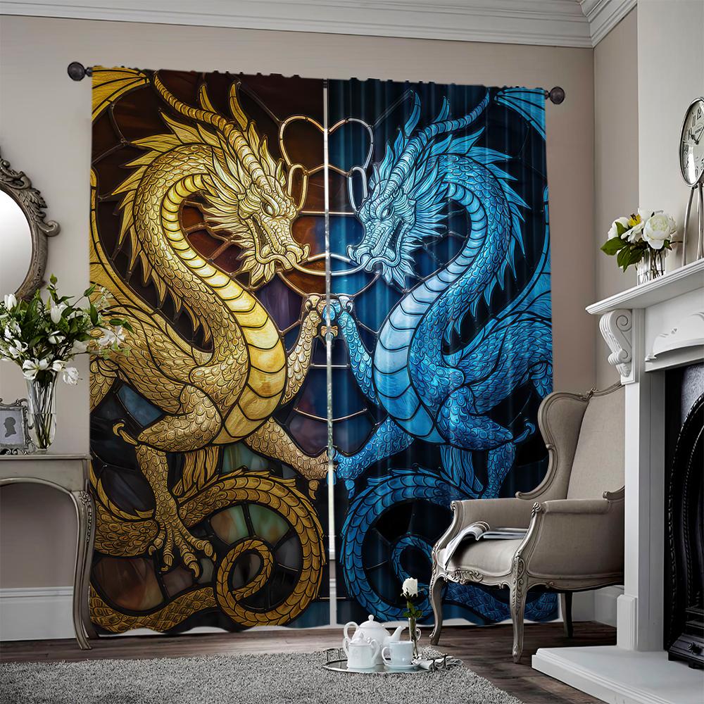 

Flat Curtains Dragon Print Protecting Privacy Festive Wall Decor Suitable Translucent Polyester Party Curtain Set Of 2 Made Washable W100*H70(CM)-Hooks&2PCS