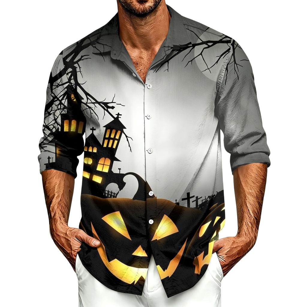 Men's Casual Long Sleeve Shirt with Halloween Print for Spring Fall