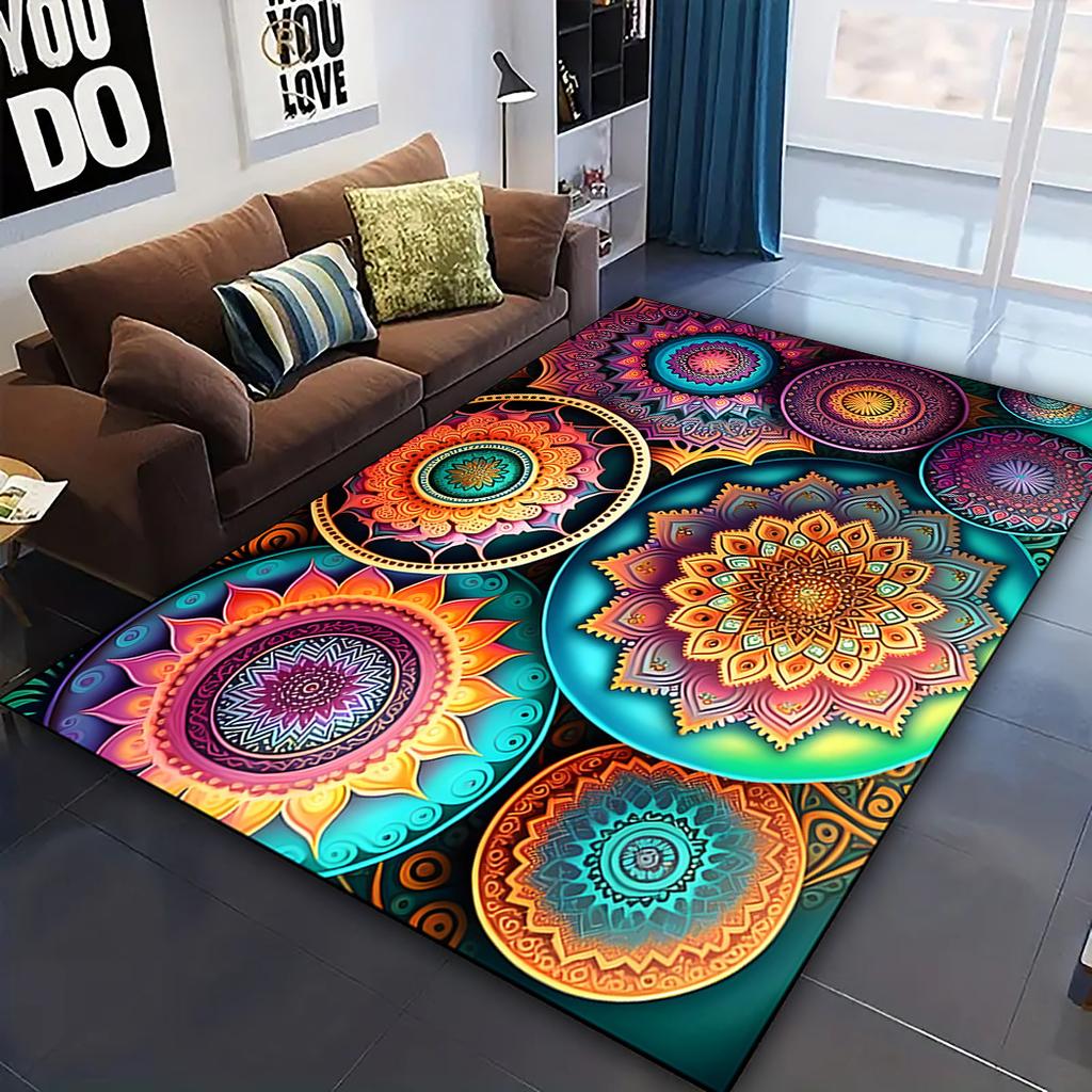 Bohemian Mandala Area Rug - Non-Slip Washable Polyester Mat for Living Room, Bedroom & Entryway, Vibrant Multicolor