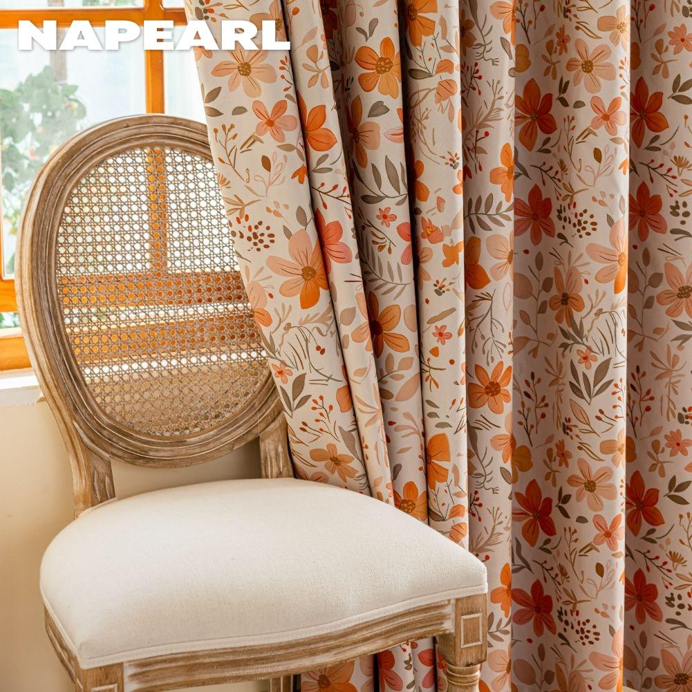 1PC NAPEARL French Vintage Orange Floral Print Blackout Curtain 100% Blackout Versatile Curtain for Bedroom Living Room Balcony Window for Home Decor
