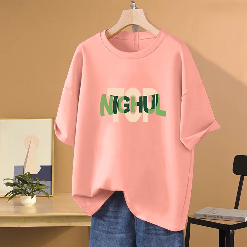 2025 Summer Women's Plus Size Slimming Cotton Round Neck Tee - European Style