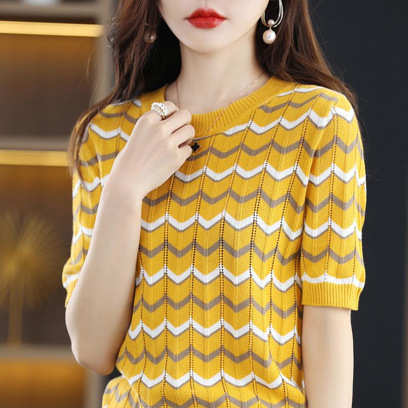 

Pure Cotton Knitted Short-sleeved T-shirt for Women Round Neck Pullover Loose Casual Base Top Hollow Half-sleeved Thin S синій