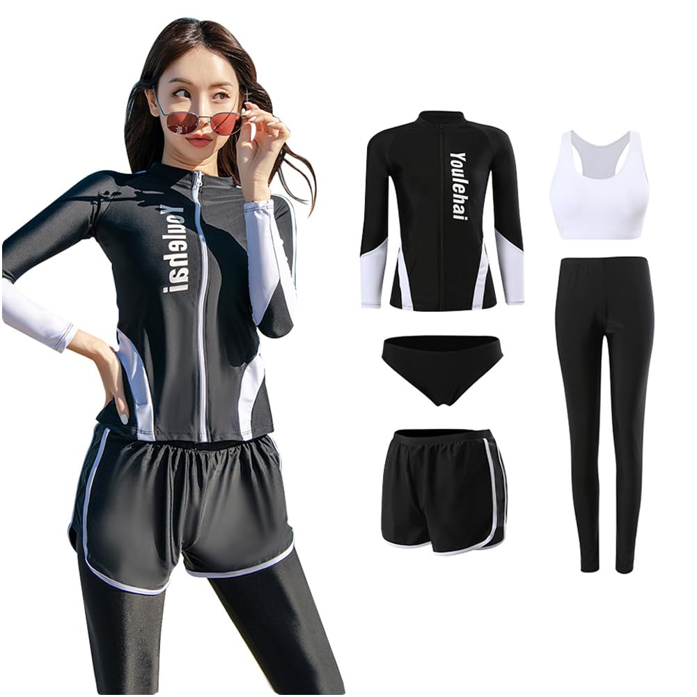 

Женский купальник рашгард YFMAYI, с длинным рукавом, спереди открытый, отдельные плавки, бюстгальтер, для фитнеса, стильный, амфибийный, набор из 5 предметов