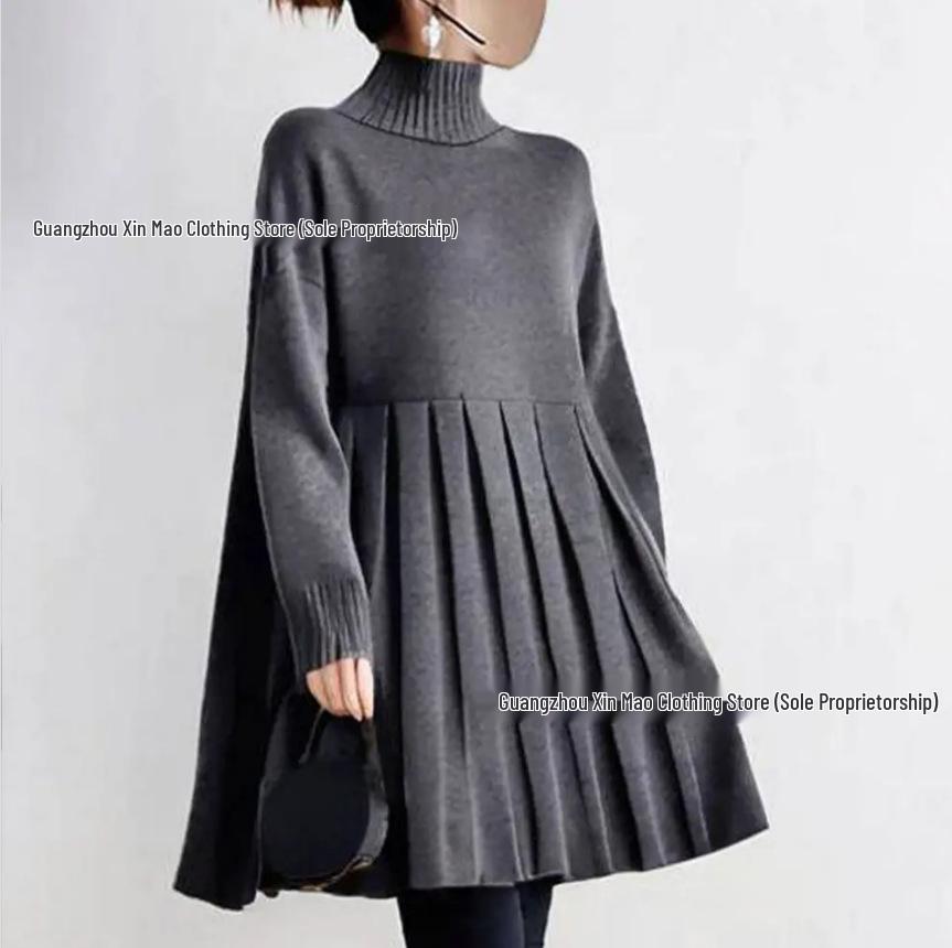 2025 Autumn/Winter Pure Color Pleated Mid-Length Women's Sweater with Patchwork Design