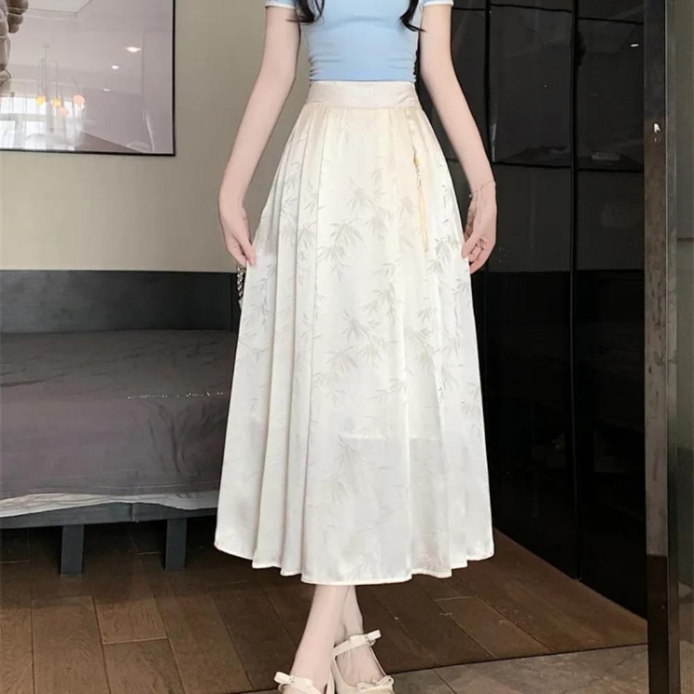 New Chinese Style Jacquard High Waist Slimming Pleated Skirt Long Casual Women Skirt