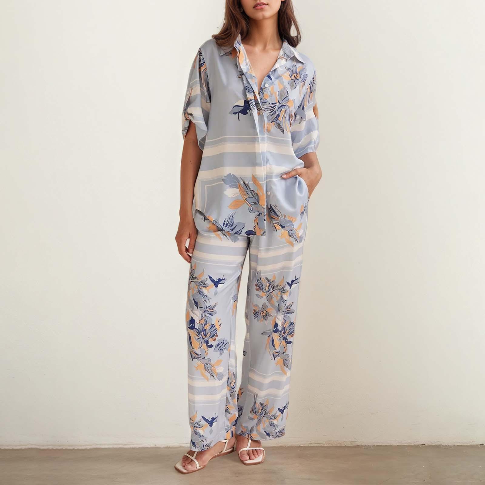 

Женская мода повседневная домашняя одежда модный повседневный принт кардиган рубашка брюки комплект XL