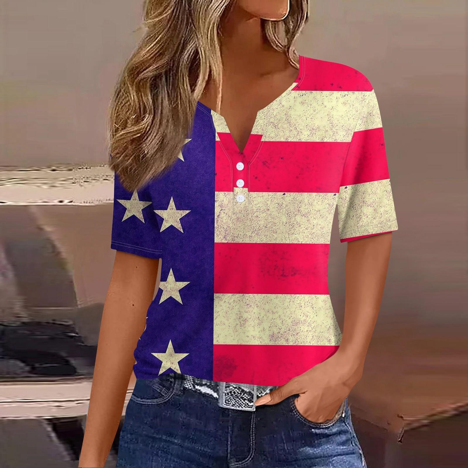 

Жен. Футболка Футболка День независимости С принтом Пуговицы С короткими рукавами Повседневные Выходные Мода Классический Классический V-образный вырез Обычный Топ XXL