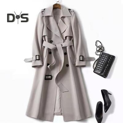 Women Windbreaker Turn-down Collar Loose Pure Color Coat Double-breasted Long Sleeves Belt Decor Overcoat Mid Length with Pockets Windproof Lady