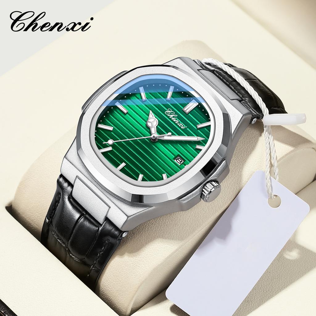 CHENXI Watches For Male Classic Fashion Concise Belt Strap Quartz Calendar Luminous Waterproof Round Silver Men's Watch