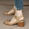 Fashion Women Sandals Summer Real Soft Leather Thick Heel Vintage Brown Sandals Women Cross One Line Strap High Heels Mary Jane Shoes