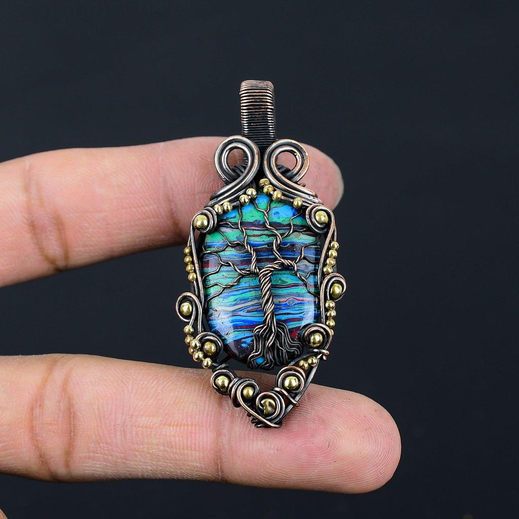 Tree Of Life Rainbow Calsilica  Gemstone Pure Copper Wire Wrapped Handmade Pendant Jewelry