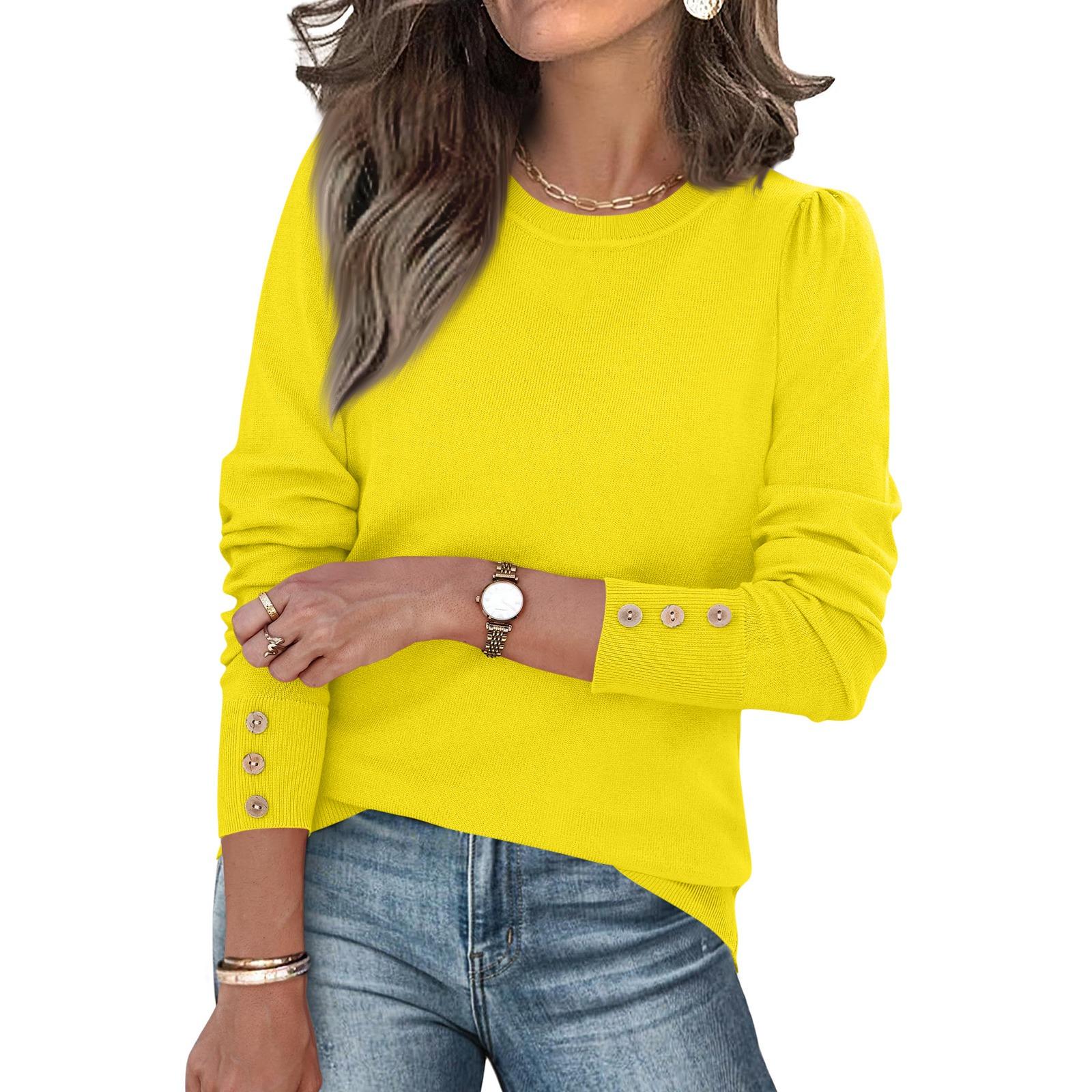 

Женская мода Пуловер из мягкого трикотажа с длинным рукавом и манжетами на пуговицах, Трендовые топы однотонной расцветки L жёлтый