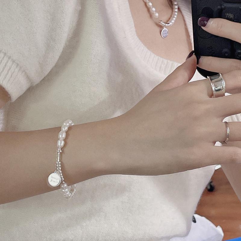 S925 Sterling Silver Freshwater Pearl Retro Handmade Good Luck Necklace & Bracelet Set - Fashionable Simple Clavicle Chain