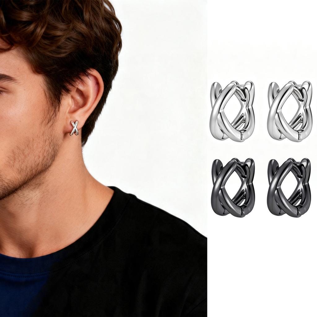 Punk Men Hoop Earrings,Double Intertwined Circle Huggie Hoop Earrings,Classic Pierced Earrings Gift