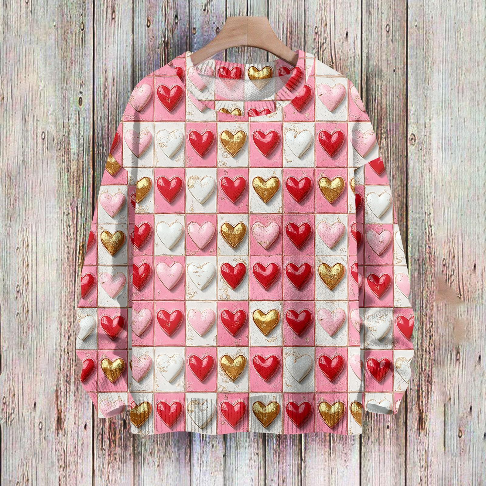 

Жіночі світшоти з Днем Святого Валентина. В’язані светри. Мила сорочка. Осінній пуловер із круглим вирізом. XL