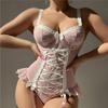 2-teilige Bandagen-Shapewear Damenunterwäsche Sexy Spitze Blumen Einteiler Body Shaper Rosa Pure Desire Träger Tops+Socken Sets