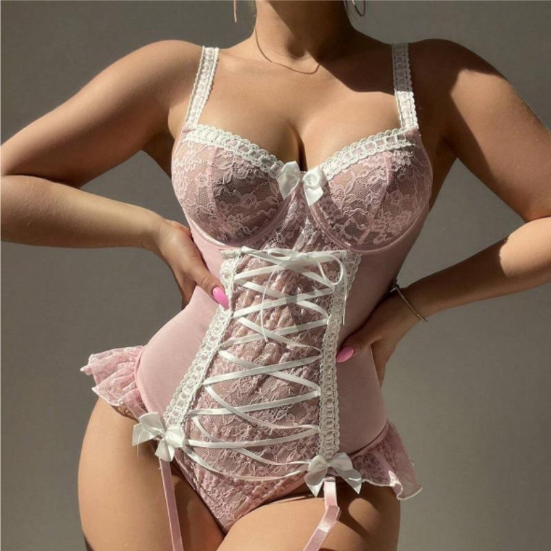 2-teilige Bandagen-Shapewear Damenunterwäsche Sexy Spitze Blumen Einteiler Body Shaper Rosa Pure Desire Träger Tops+Socken Sets