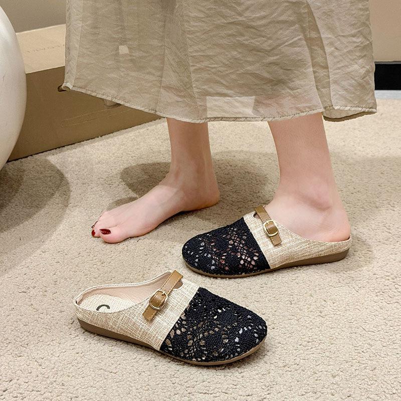 Baotou half slippers women's summer outer wear 2025 new with skirt linen breathable flat bottom one pedal cool slippers for pregnant women