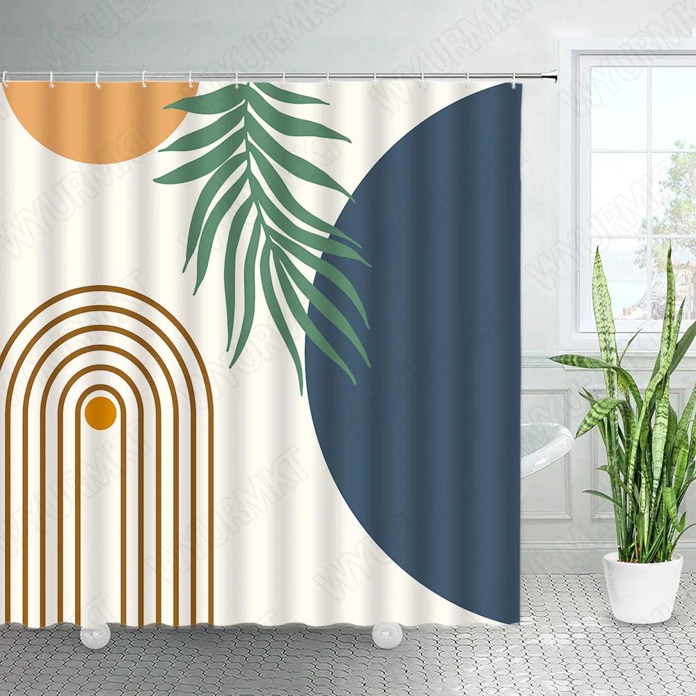 Abstract Mid Century Shower Curtains Boho Arch Sun Beige Modern Minimalistic Home Bathtub Bathroom Curtain Fabric Decoration Set