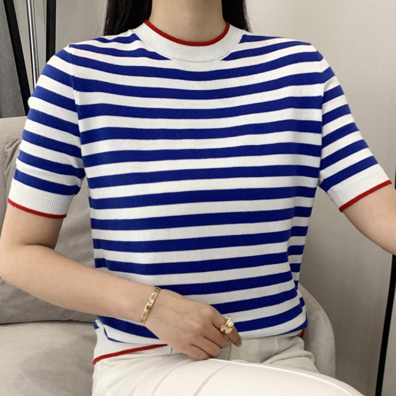 

IHUASU Футболка с короткими рукавами из хлопка в полоску с цветными блоками, женская летняя, с коротким рукавом, трикотажная, с коротким рукавом L синий