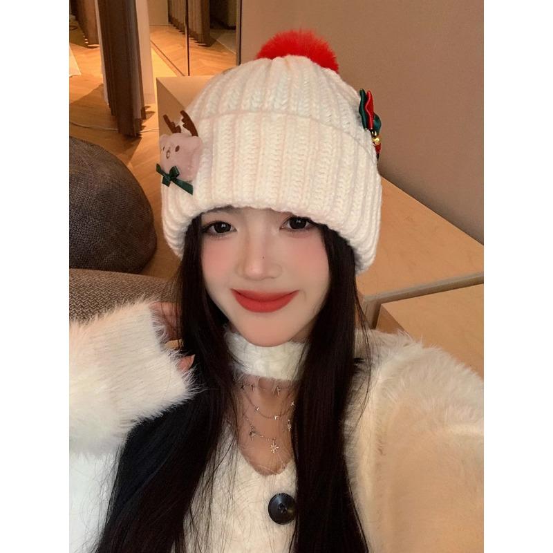 Red Christmas Woolen Hat Autumn and Winter Korean Style Versatile Face Showing Small Knitted Hat Big Head Warm Hat Women