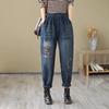 Elastic Plus Size Embroidered Jeans Loose Haren Pants Casual High Waisted Pants