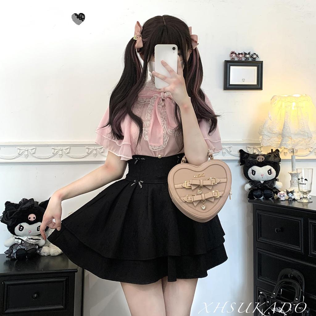 Sleeveless Blouse with Cute Ribbon and Ruffle Lolita Neat and Girly Lightweight Chiffon Pink [XHSUKADO] Women's Cape-Style Stand-Up Collar, Lace,