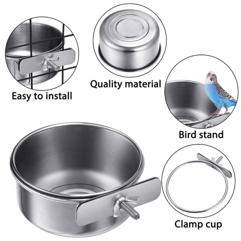 Stainless Steel Parrot Feeding Cups Bird Feeder Bowls Removable Food Water Dish with Clamp Easy to Install for Cage