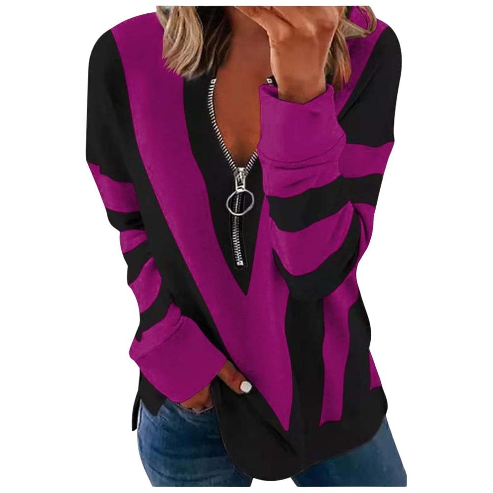 Women's Casual Long Sleeve Top with Colorblock Stripe Print And Zip Front, Perfect for Spring And Fall