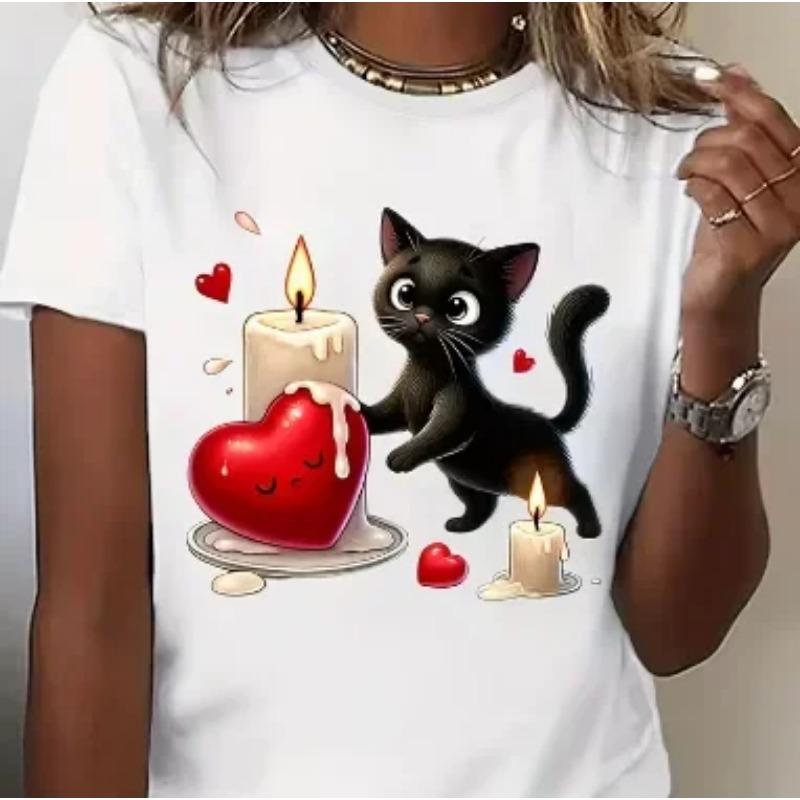 Women s Cute Black Cat Heart Pattern T-shirt Retro Style Short Sleeve XS