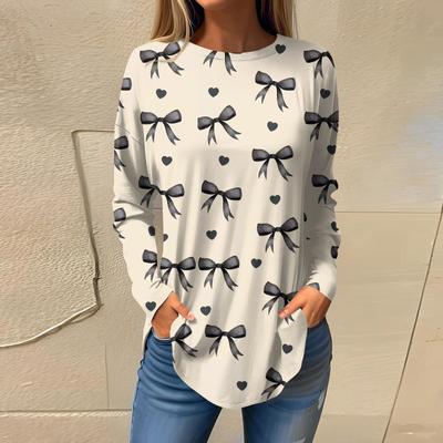 Damska luźna, swobodna, kokardkowa, nadrukowana, okrągła, dekolt, długi rękaw, T-shirt, bluza z długim rękawem